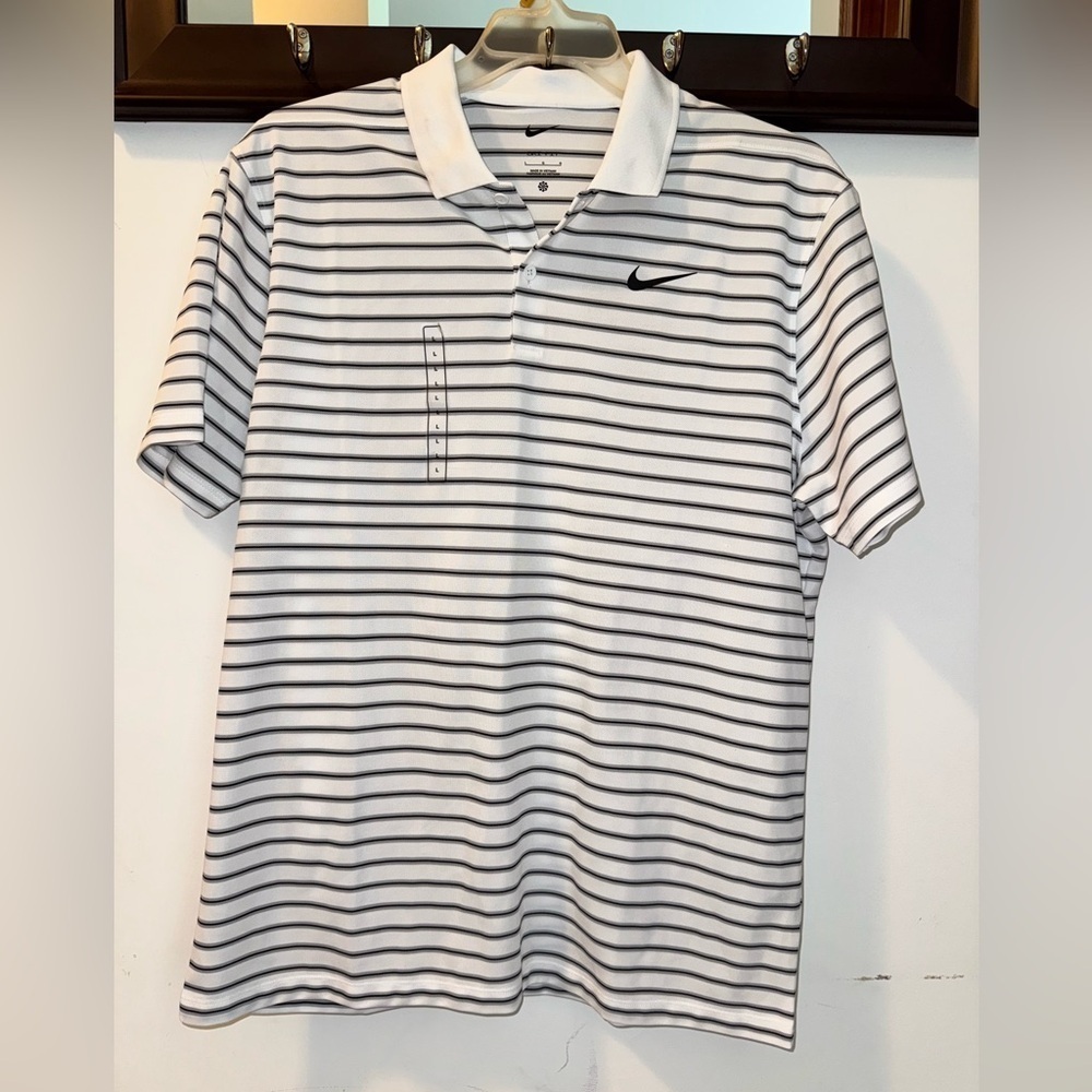 Nike Mens Dri-Fit Stripe Golf Polo Shirt White-Black DH0829-100  SZ  Large